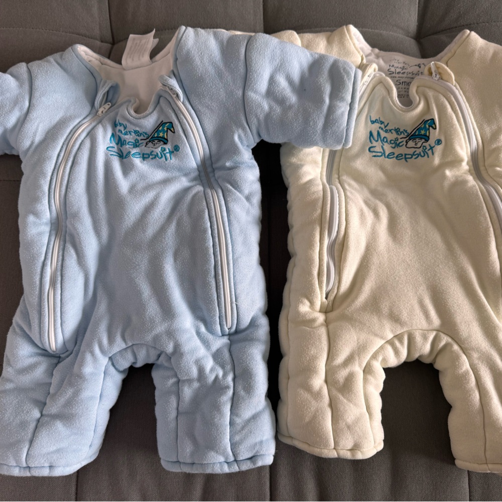 TWO Magic Merlin cotton sleepsuits size Small (3-6m) transition swaddle